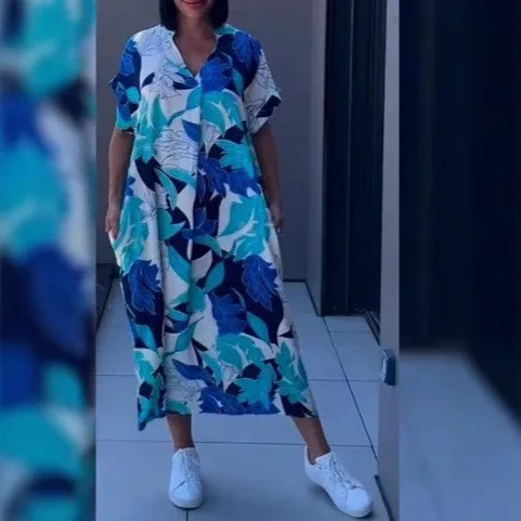 Boho Long Dress Elegant Women Summer 2025 Vneck Casual Floral Drawstring V-Neck Loose Holiday Beach Dresses Party Vestidos