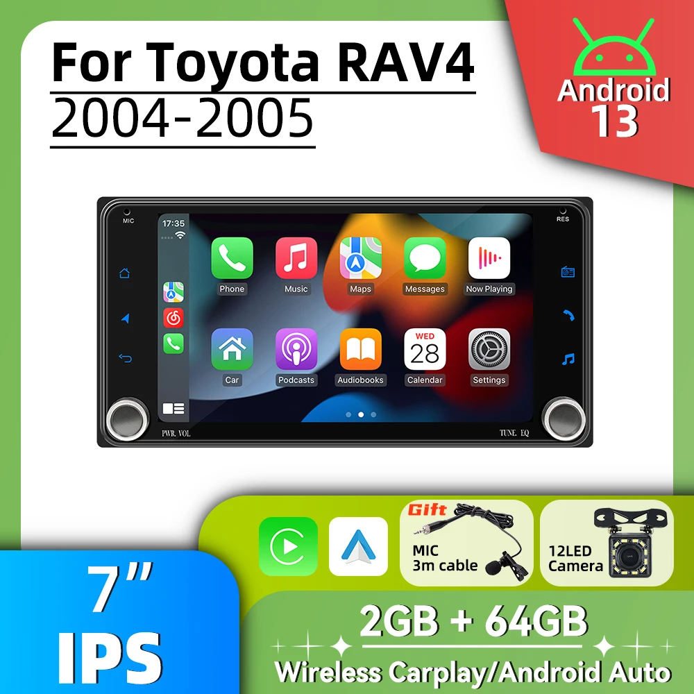 2Din راديو أندرويد سيارة الوسائط المتعددة لتويوتا RAV4 RAV 4 2004-2005 رئيس وحدة نظام تحديد المواقع ستيريو 7 "شاشة لاسلكية Carplay Autoradio