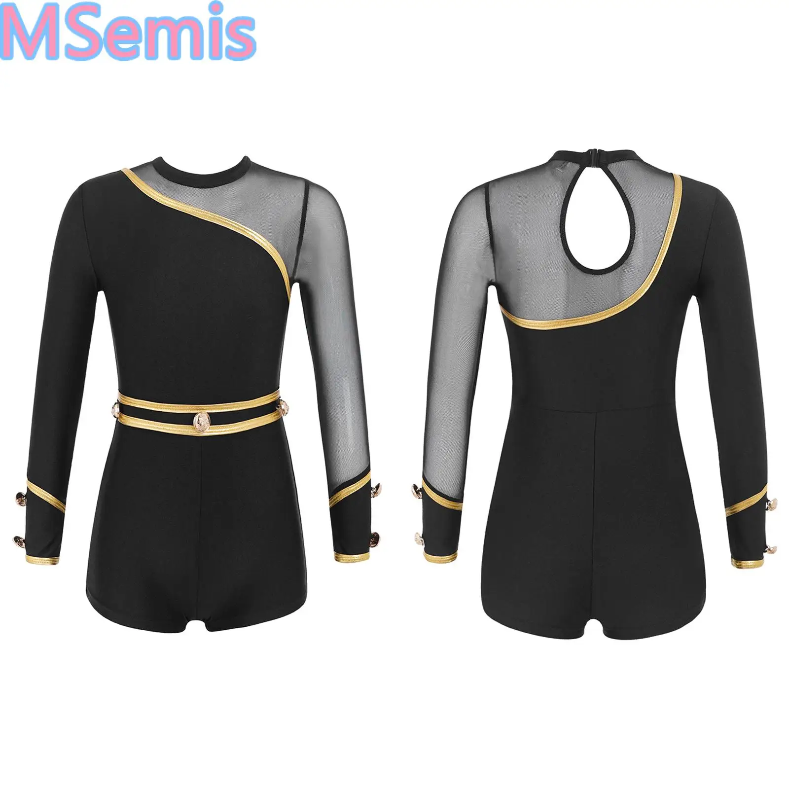 

Kids Girls Gymnastic Leotard Figure Ice Skating Long Sleeve Round Neck Mesh Hollow Back Dance Bodysuit Stage Performance Costume