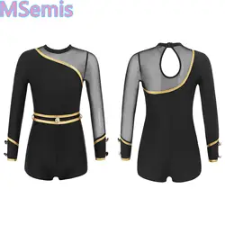 Kids Girls Gymnastic Leotard Figure Ice Skating Long Sleeve Round Neck Mesh Hollow Back Dance Bodysuit Stage Performance Costume