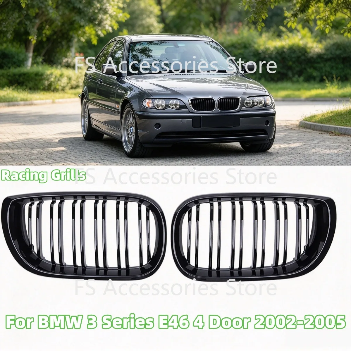 4 Door Front Kidney Grill Grille For BMW 3 Series E46 2002-2005 Double Slats Glossy Black Grill Auto Accessories