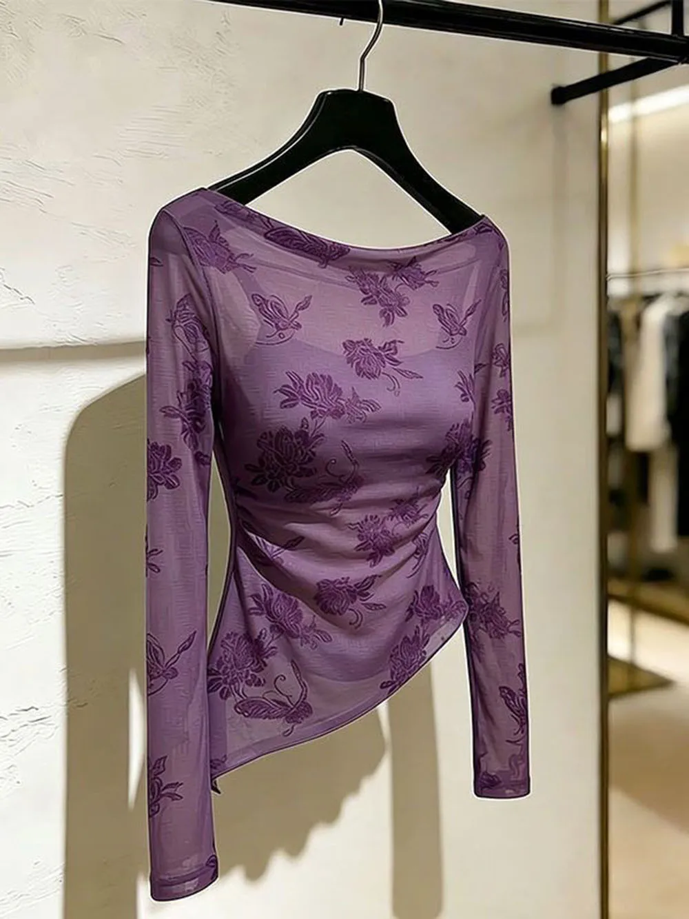 Temperament Perspective Mesh Long Sleeve Top Sunscreen T-shirt Women's Autumn Slim Versatile Floral Embroidered Purple Blouse