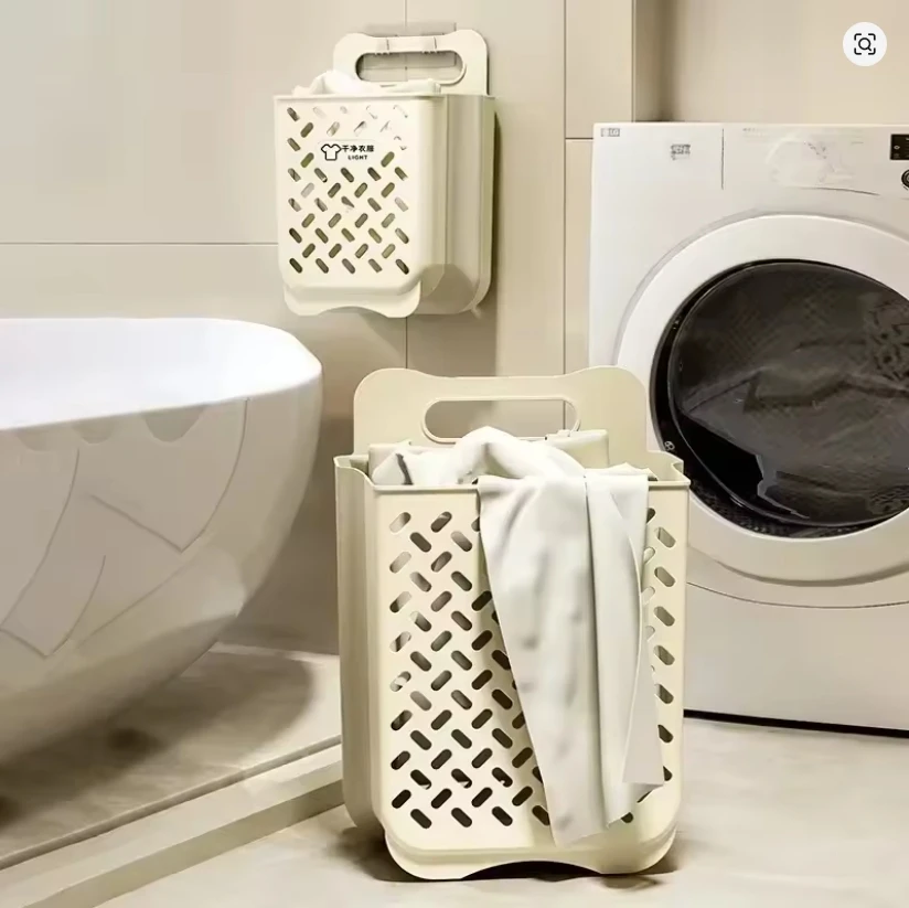

Foldable Wall Mounted Laundry Basket Hamper Self Adhesive No Drill Space Saving Collapsible Clothes Storage Organizer for Bathro