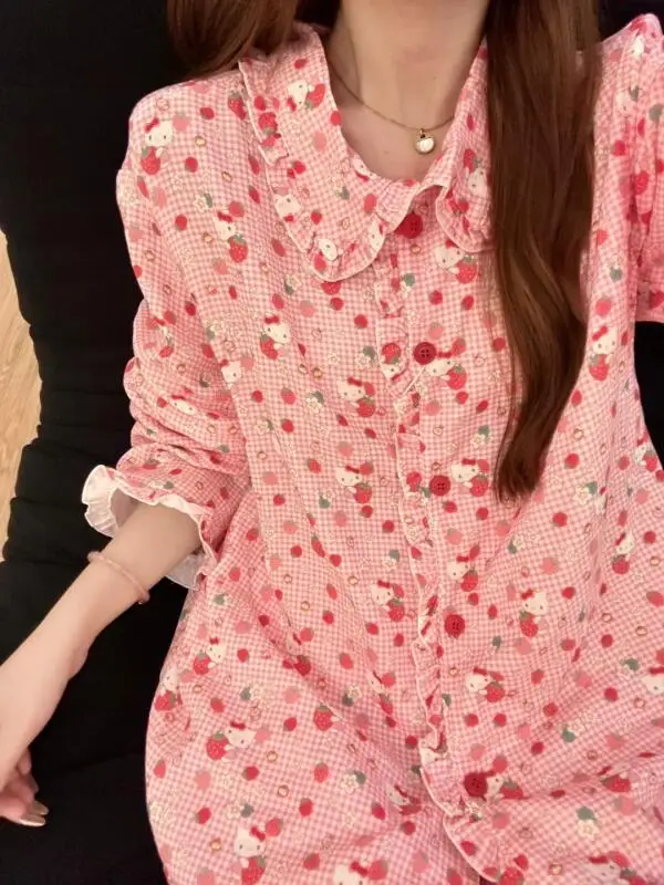 

Sanrio New Pajamas Hello Kitty Pajamas Sweet Style Female Spring Autumn New Long Sleeves Trousers Leisure Loose Home Clothing