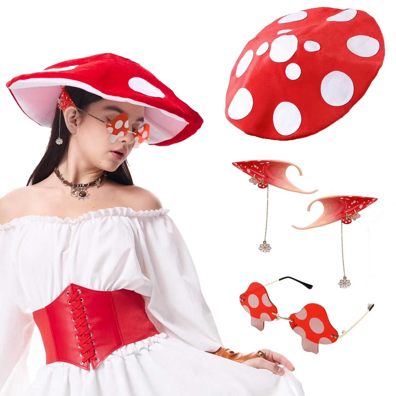 

Mushroom Hat Costume Accessories Red Mushroom Cap Fairy Elf Ears Glasses Renaissance Cosplay Outfit for Adult Women