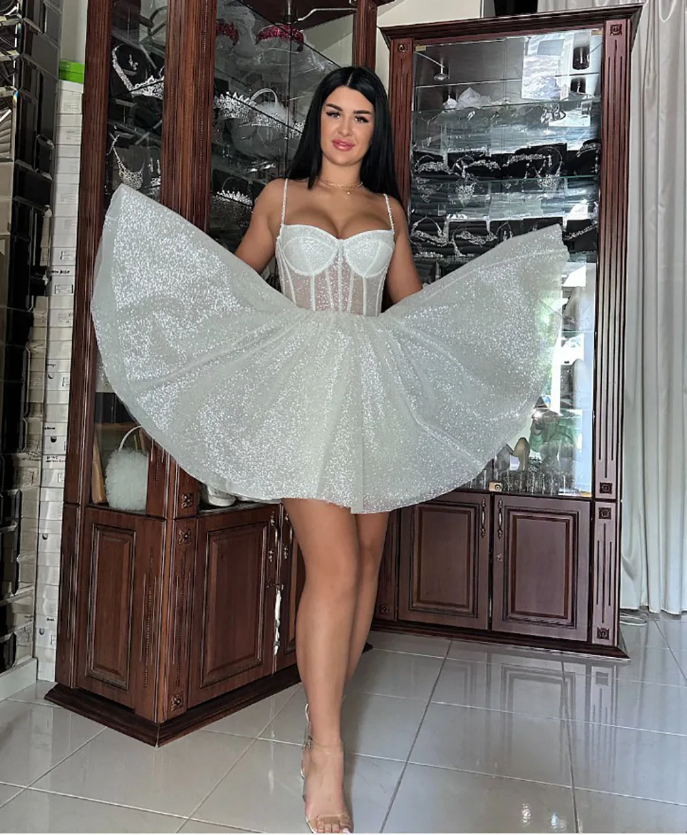 Glitter Brautkleider Glänzende Kurze Brautkleid Spaghetti strap Korsett Braut Kleid Mini Party Kleid vestidos de novia Angepasst