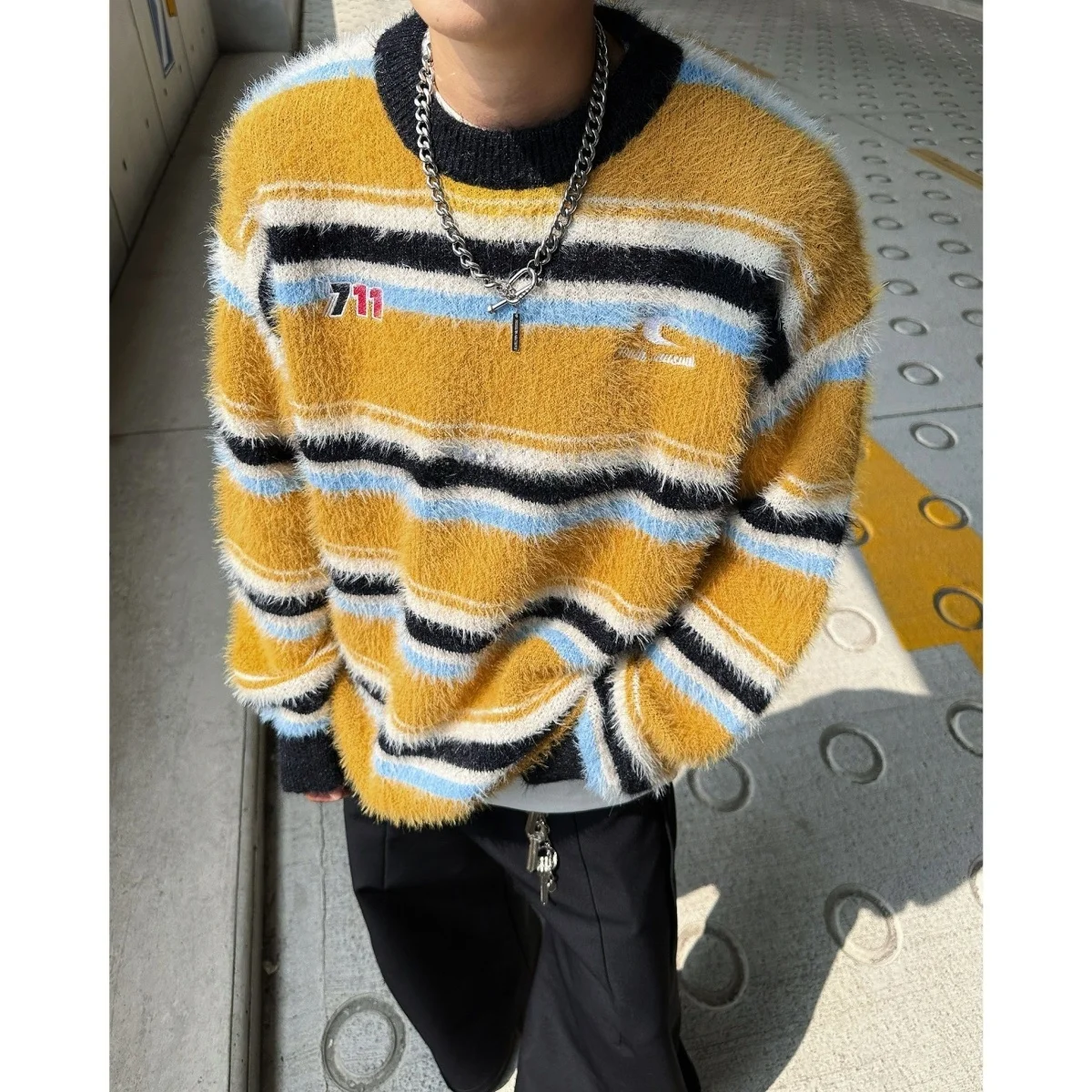 

Модный вязаный свитер для пар, круглый мужской полосатый цветной блузка, зимний повседневный свободный крой, длинный свитшот из полиэстера све