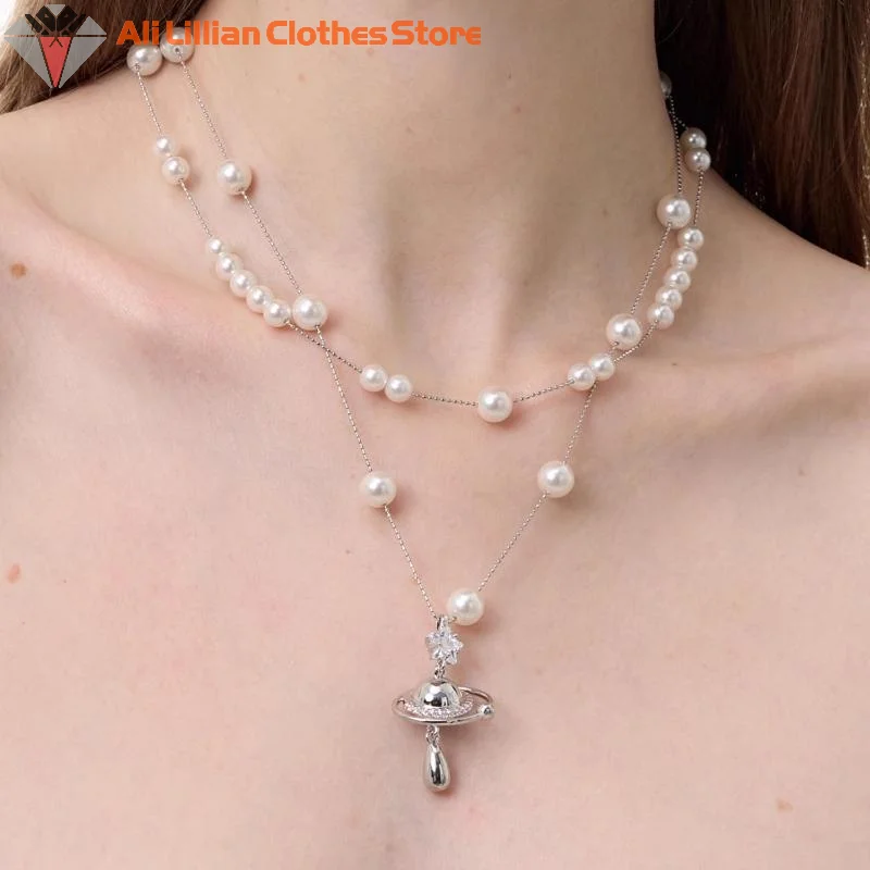Double-layer Imitation Pearl Long Necklaces For Women Water Drop Rhinestones Pendant Saturn Star Zircon Neck Chains Jewelry