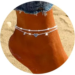 Tobillera de circonia cúbica chapada en plata para mujer y niña, pulseras impermeables con dijes de corazón, cadena de capas delicadas, conjunto de joyería, regalos, 925