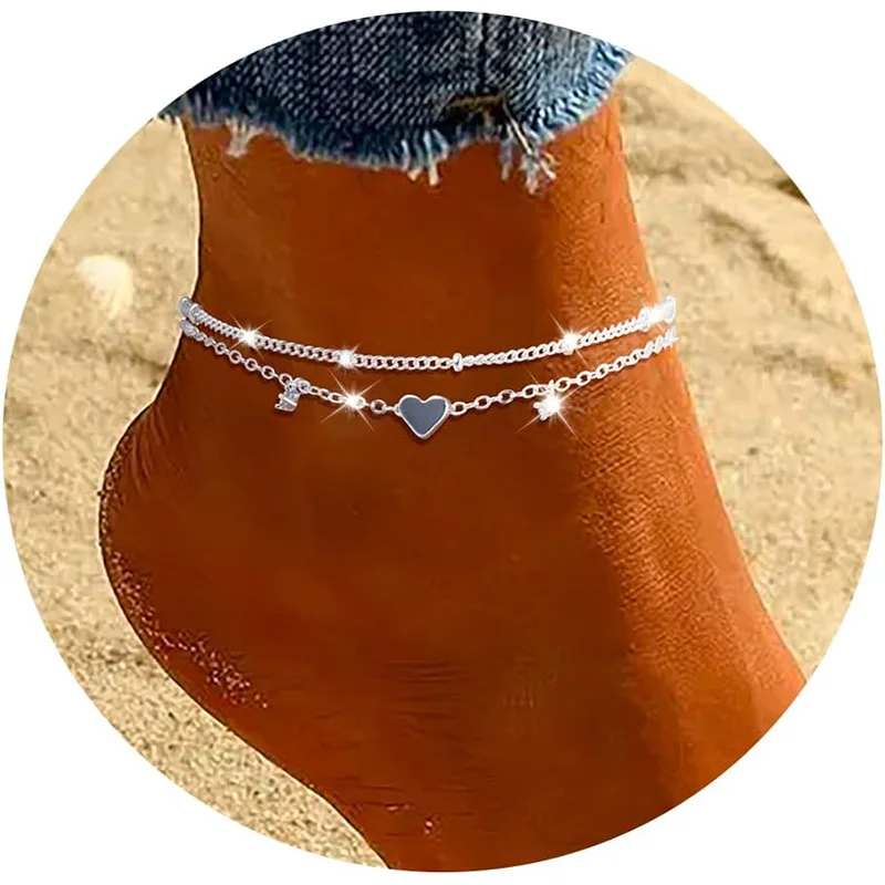 925 Sliver Plated CZ Anklet Bracelets for Women Girl Trendy Waterproof Heart Charm Dainty Layer Chain Anklets Set Jewelry Gifts