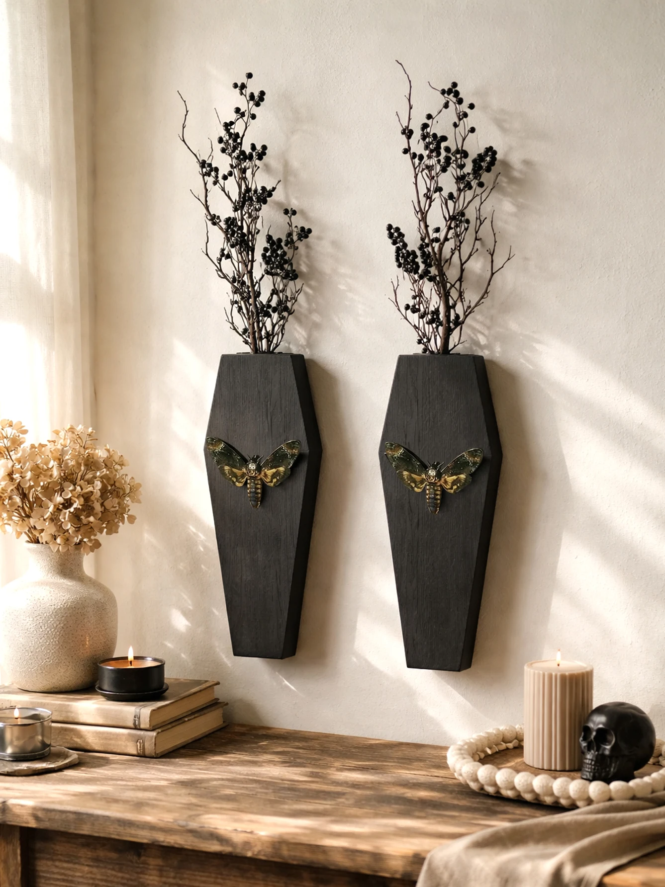 Gothic Coffin Wall Vase with Death Moth, Wooden Black Hanging Planter for Dried Flowers, Spooky Home Bedroom Living Room Decor