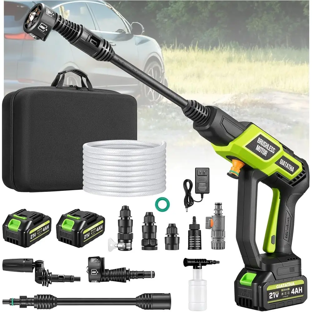 

Cordless Pressure Washer, 1200PSI Brushless Motor Portable Pressure Washer with 4.0Ah Battery and Charger,6-in-1 Nozzle and 180°