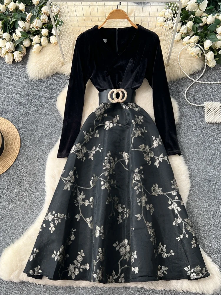   تنورة مخملية طويلة ذات خصر متوهج مع تنورة دكتور للخريف والشتاء بخصر عالٍ على شكل حرف a صورة ظلية Ci Commute Dr