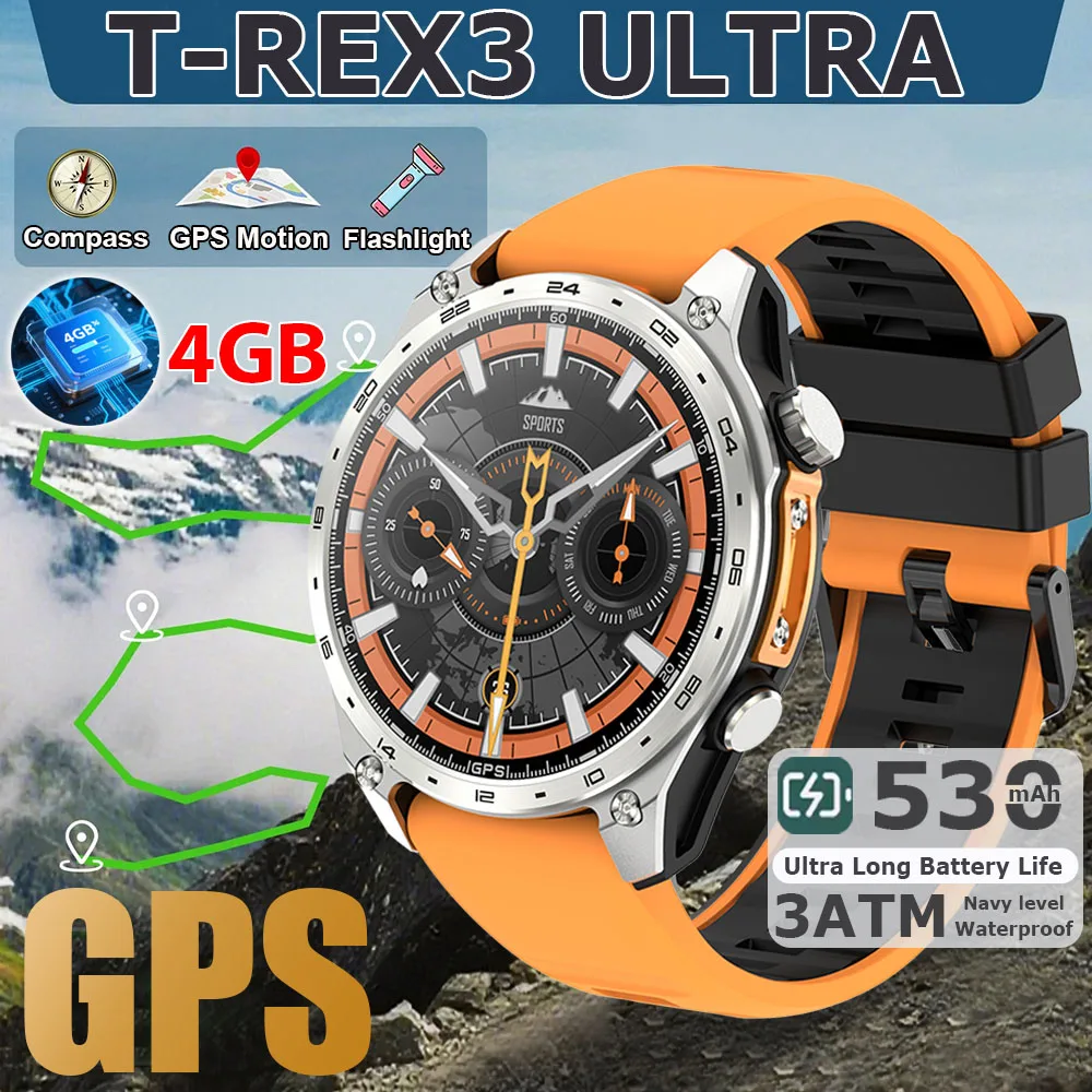 

4GB Ultra Large Memory Smartwatch GPS Google Maps Waterproof Watch Men Video Player Voice Call Militray Smart Watch New T-Rex