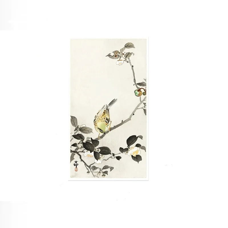 Bunting on blossom branch (1900 - 1930) by Ohara Koson (1877-1945) Photo, Art Print Canvas Poster, Living Room Decor, Home Wall