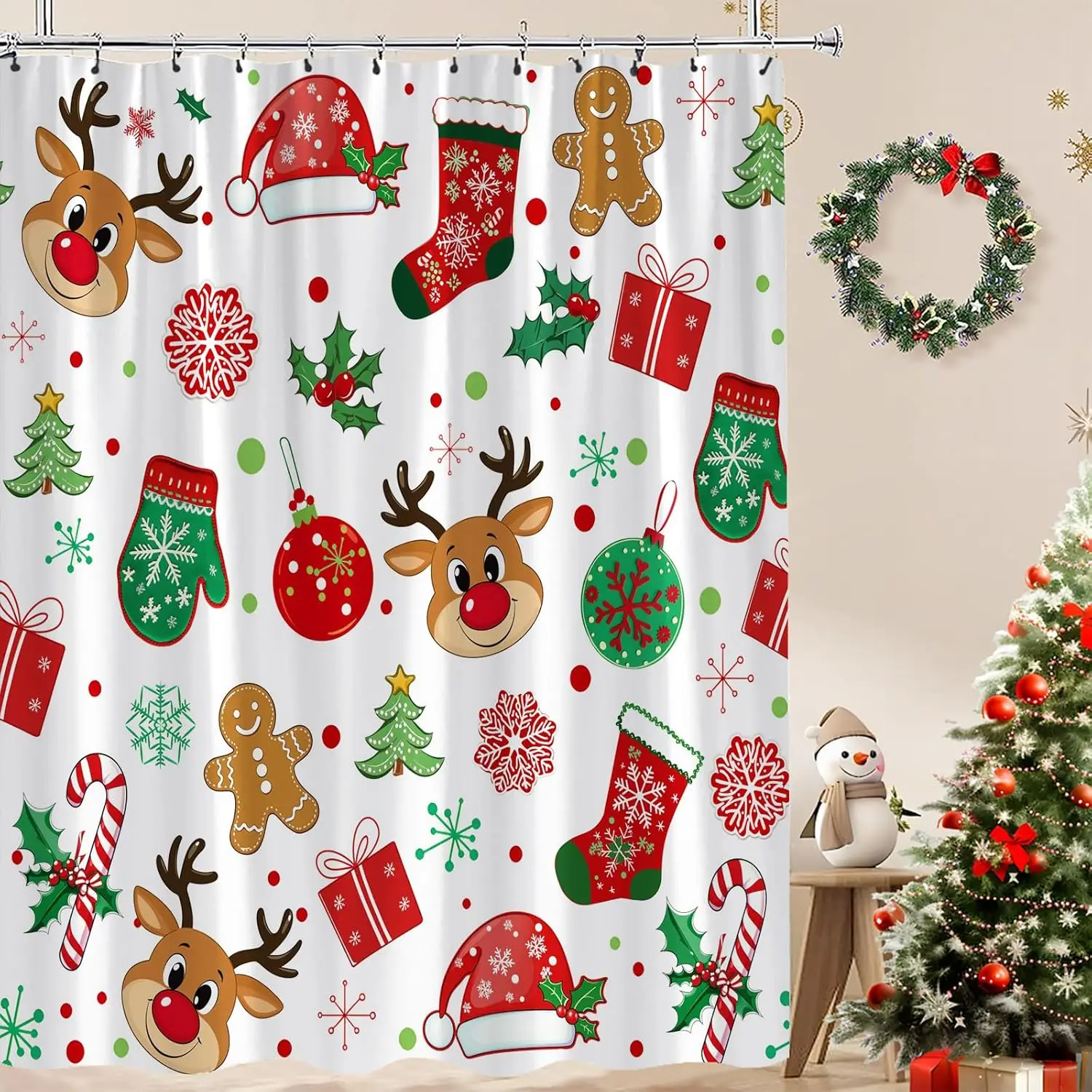 

Christmas Shower Curtain Cute Reindeer Cookies Snowflake Red Green Xmas Balls Pine Tree Candy Holly Berry Winter Holiday Happy