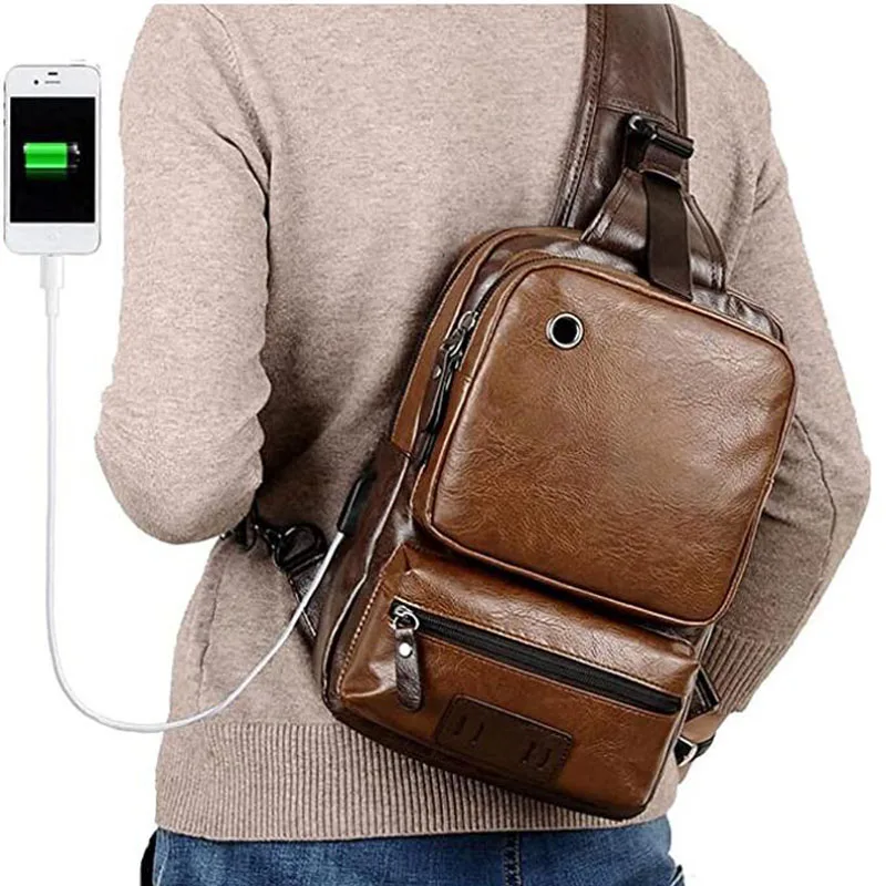 

Large Sling Crossbody Backpack Shoulder Bag for Men Women Vintage PU Leather Sling Day Back Pack Bag Cycling USB Charger Port