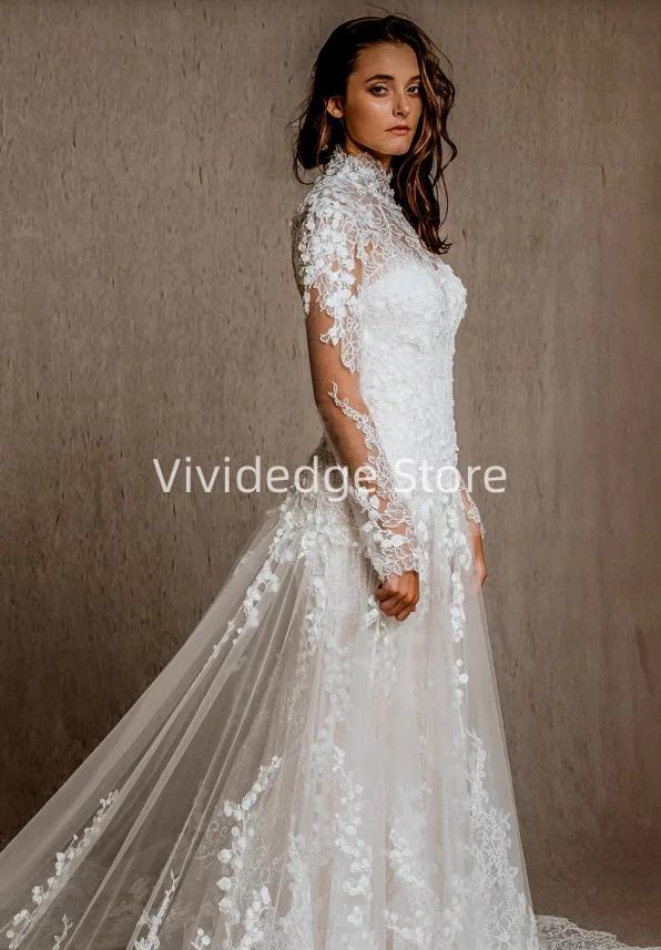 Long Sleeve Lace Wedding 2025 Tulle Applique Bridal Gowns Women's A-Line Dresses Beach Dresses vestidos de boda para fiestas