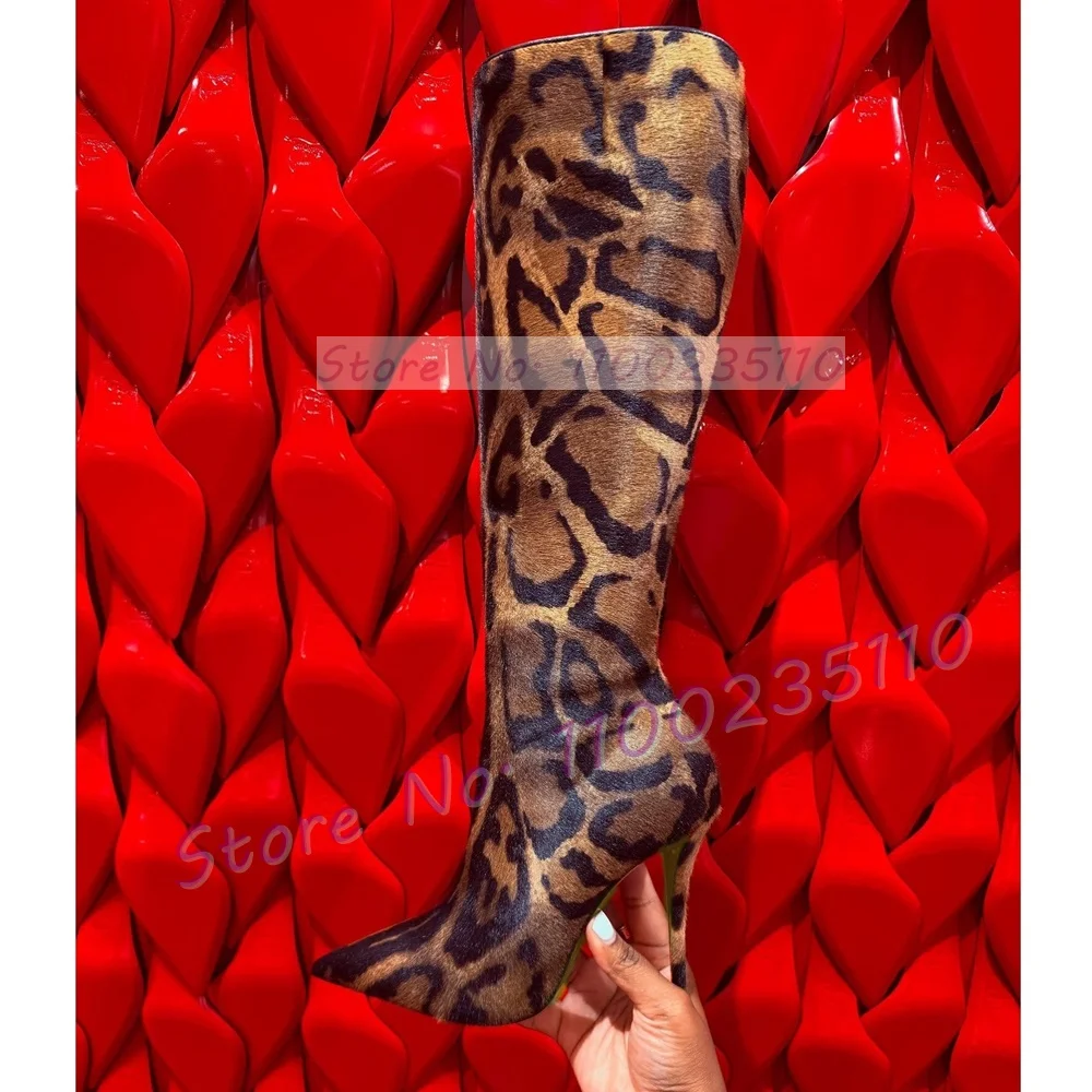 Leopard Print Faux Horsehair Knee High Boots Women Fashion Pointy Toe Runway Shoes Ladies Stylish Cool Side Zipper Slim Boots