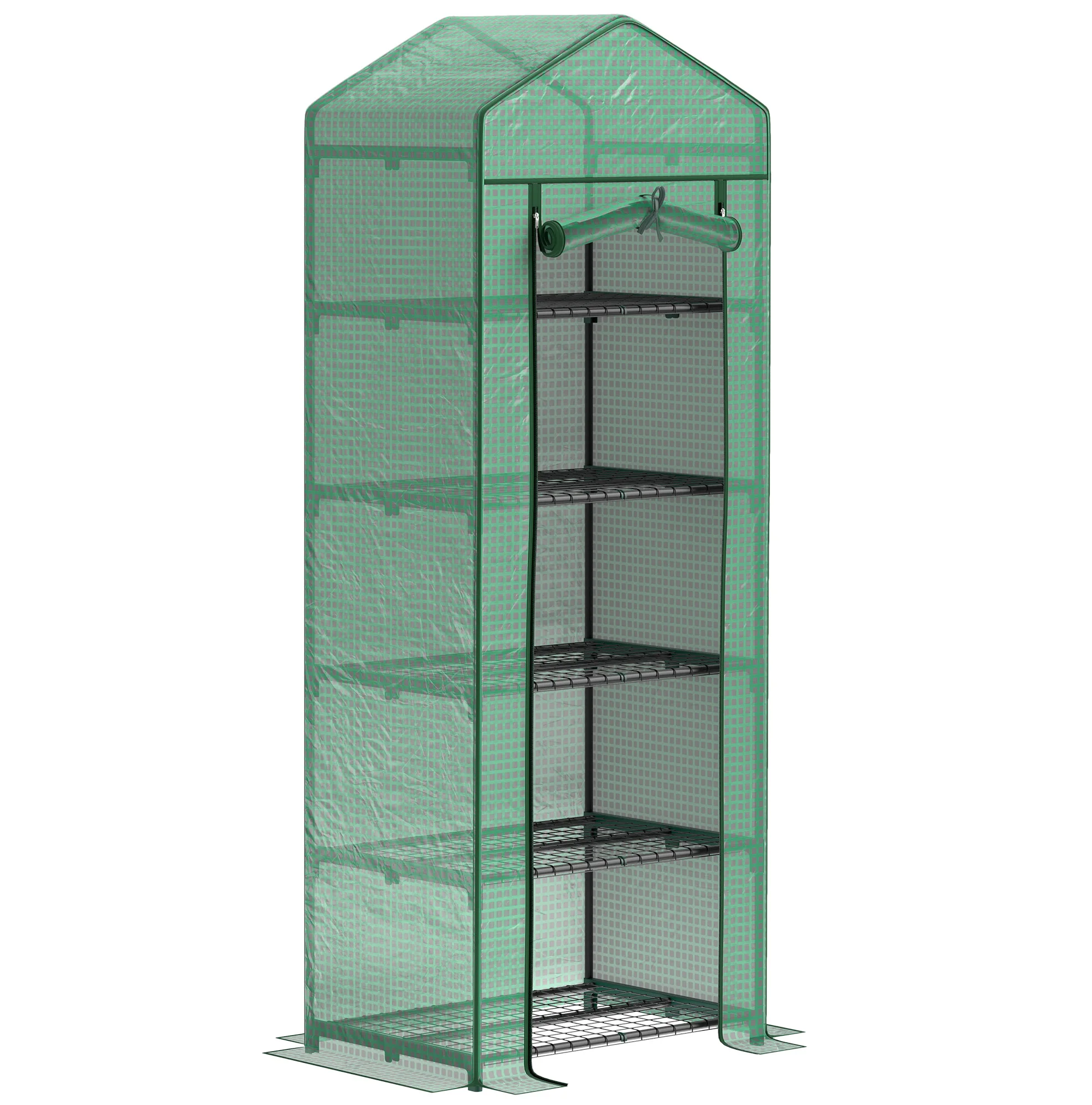 Staalframe kas met oprolbare deur en 5 planken, 69x49x193 cm, transparante afdekking voor balkon en tuin