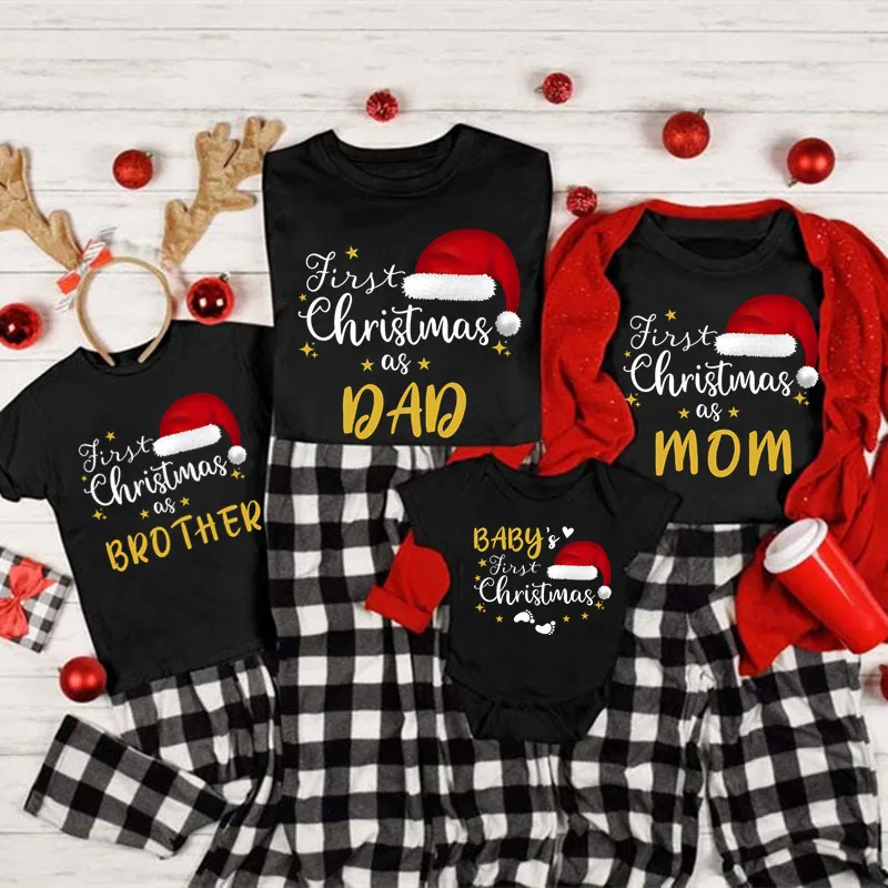 Family Matching Christmas T-shirt First Christmas As Mom Dad Brother Santa Hat Print Family Outfits Baby Romper Xmas Clothing