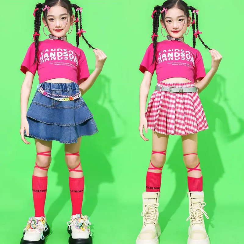 Girls Hip Hop Rose Crop Tshirt Child Streetwear Denim Pants Skirt Clothes Sets Street Dance Tank Top Kids Summer Jazz Costume