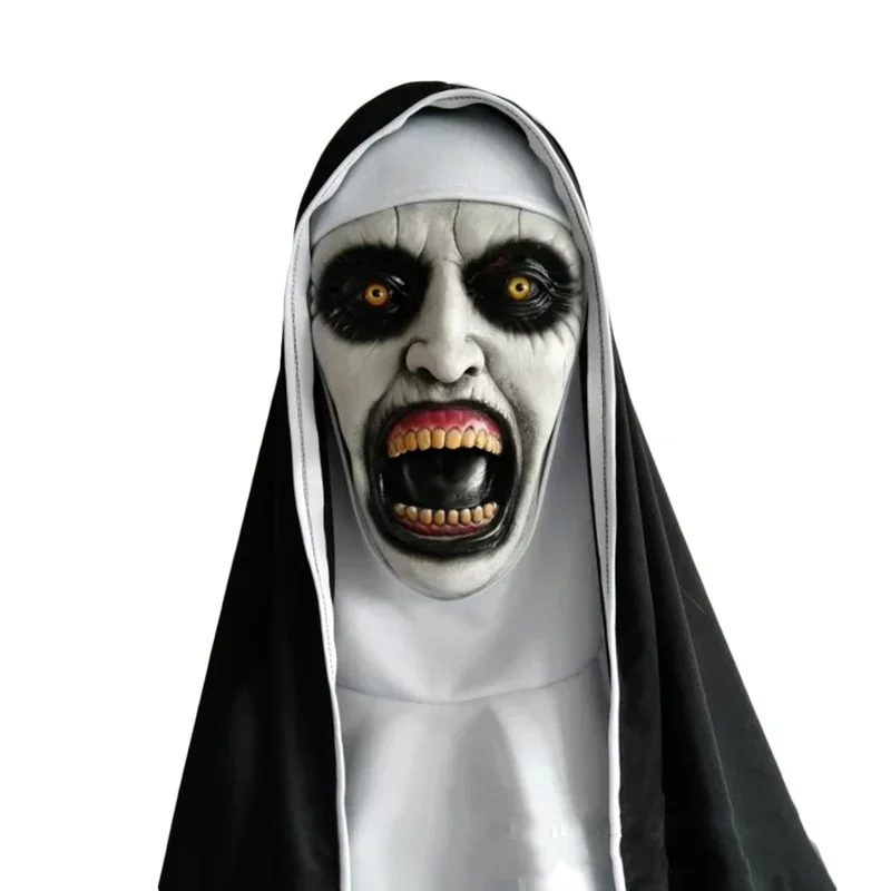 The Horror Scary Nun Latex Mask W/Headscarf Valak Cosplay for Halloween Costume Face Masques with Headpiece