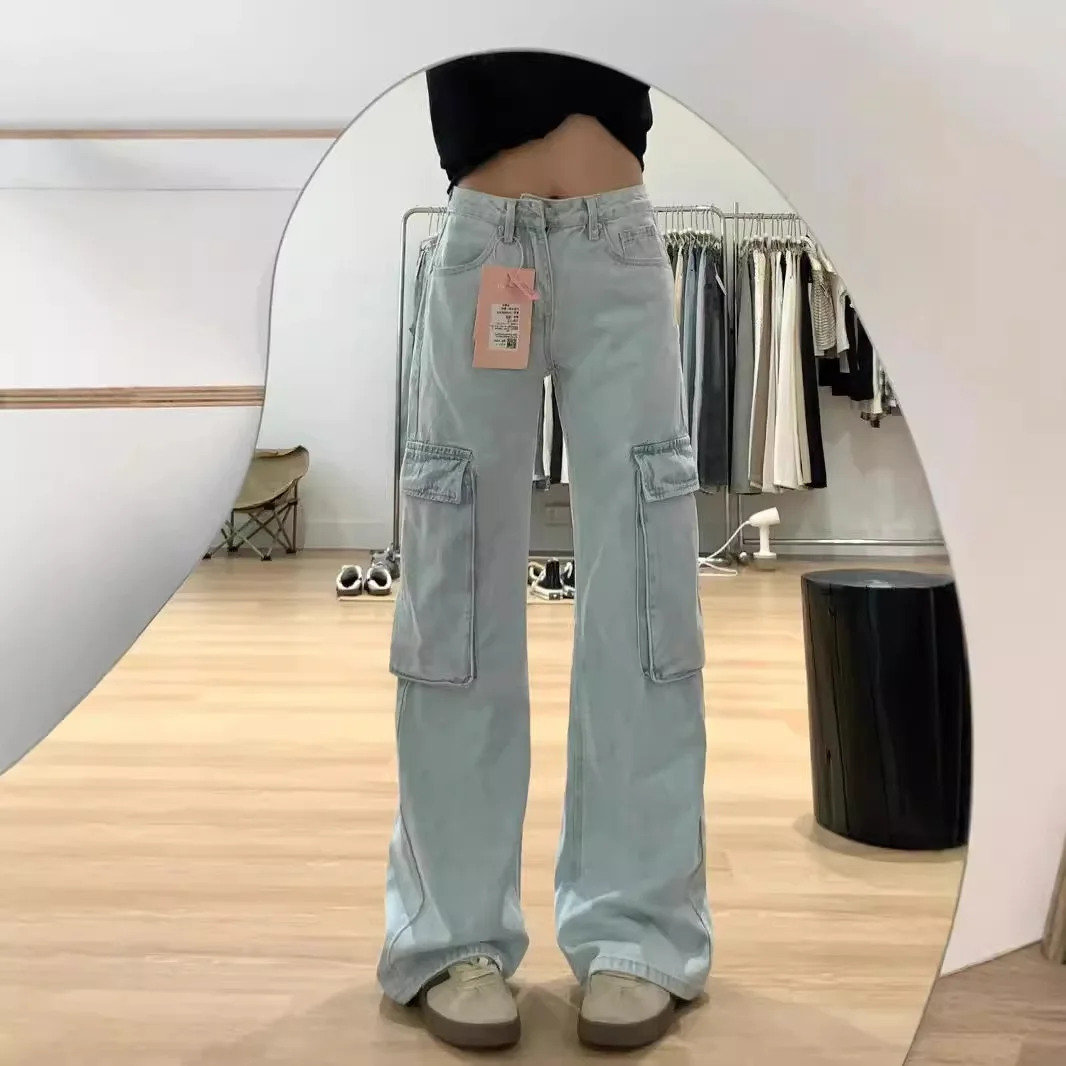 

American Retro Street Style Women's Loose High Waist Denim Jeans Multi Pocket Summer Fashionable Straight Leg Blue Cotton