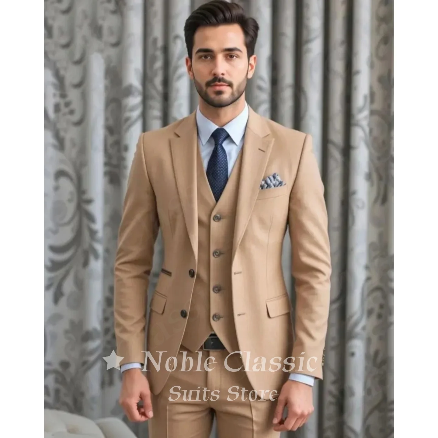Men Khaki 3 Piece Suit Slim Fit Notch Lapel Blazer Vest Pants Set with Contrast Trim Business Wedding Guest Gala Customized
