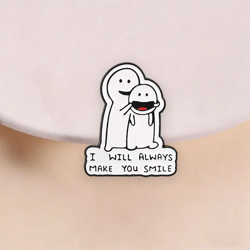 Hugging Stick Figure Enamel Pin, I Will Always Make You Smile Brooch With Handwritten Quote For Friends And Funny Healing Style