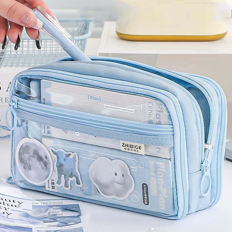 Kawaii Large-capacity Double-sided Transparent Pencil Case Student 6-compartment Pencil Case Ins Style Stationery Storage Bag