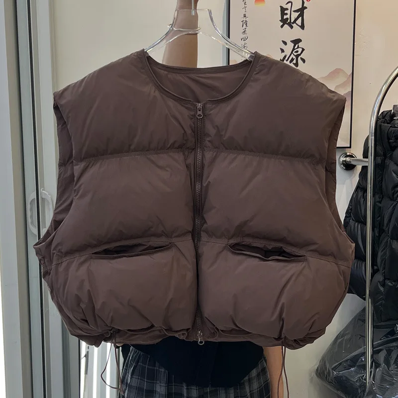 Women's Winter Top Coat Vest Down Jacket White Duck Down Round Neck Short Warm Thickened Retro Simple Comfortable Casual Niche