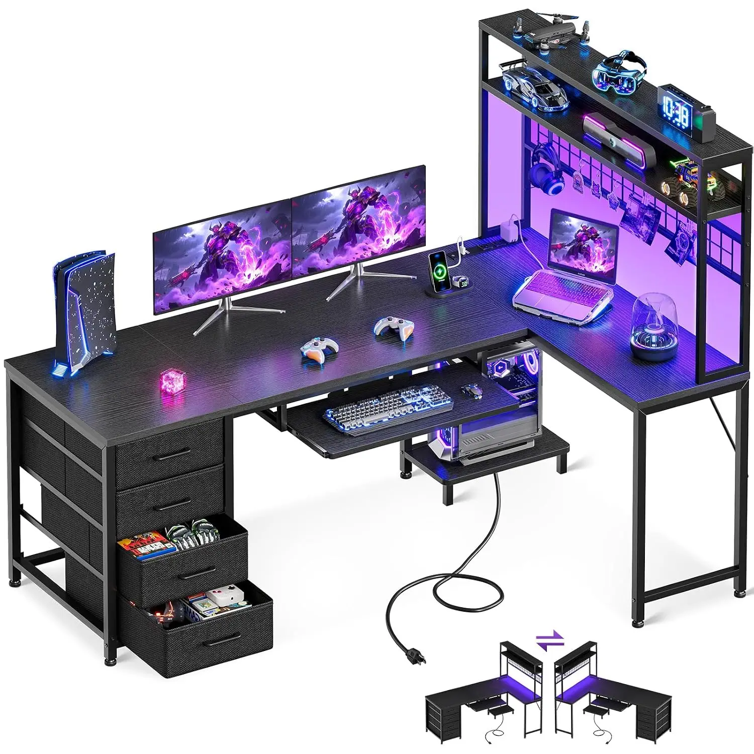L Shaped Gaming Desk 4 Drawers Keyboard Tray 59 Inch Home Office, Customized