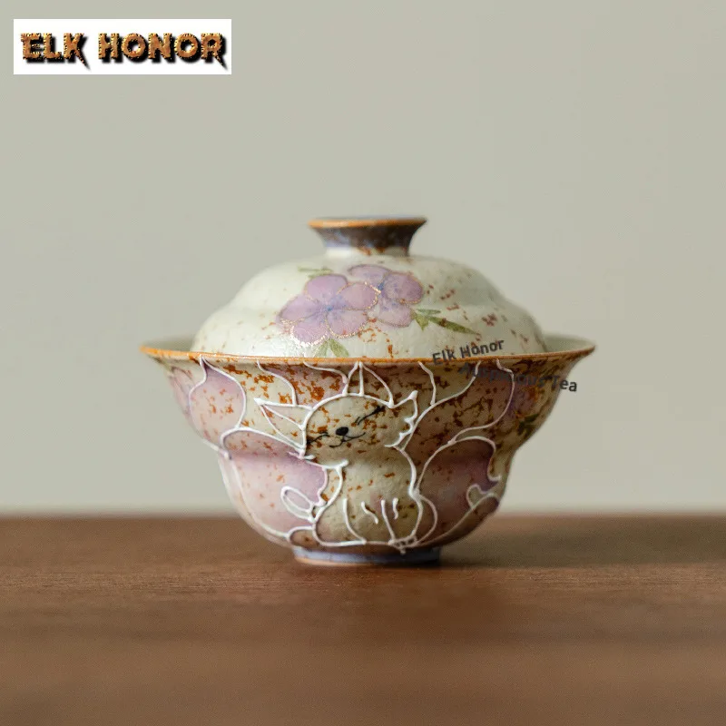 55ml Hand-painted Nine-tailed Firestone Red Gaiwan Aesthetic Tea Tureen Tea Bowl With Lid Kit Tea Maker Cover Bowl Teaset Gifts