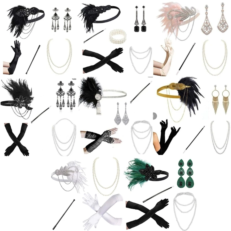 1920s Flapper Gatsby Costume Accessories Set 20s Long Gloves Necklace Props Flapper Headpiece Headband for Womens