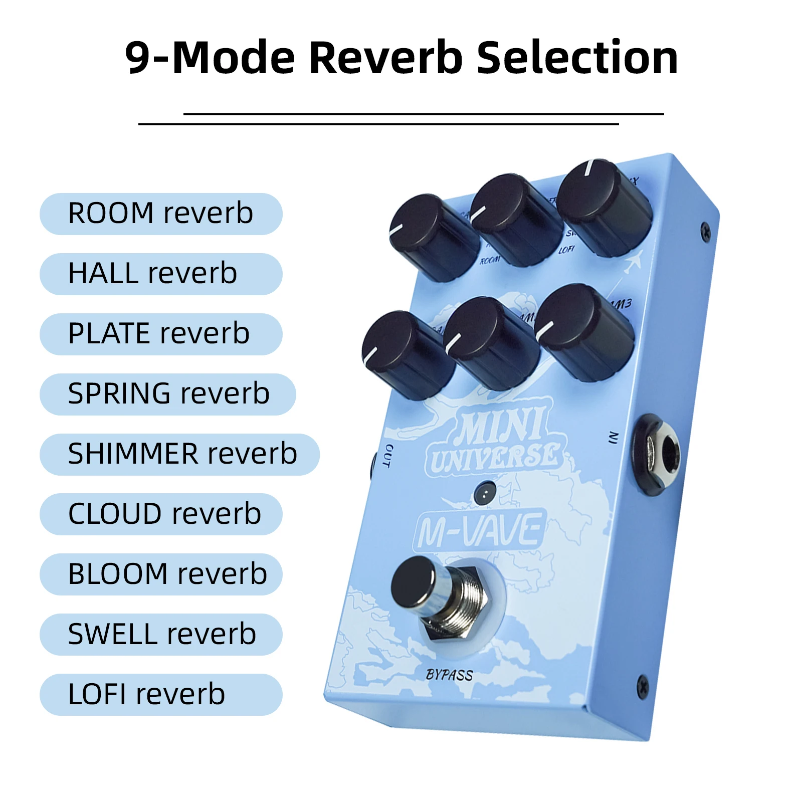 M-VAVE Pedal efek gitar Digital Pedal Reverb Modeling Digital Reverberation Effector 9-Mode Reverb pilihan untuk gitar Bass