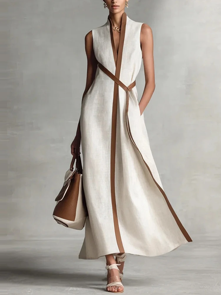 

Модное длинное платье с цветовыми блоками и драпировкой, повседневное, без рукавов, из хлопка и льна, для вечеринок, летнее, элегантное, с V-образным вырезом, на шнуровке, макси-платье