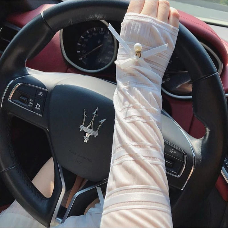 UV Protection Ice Silk Arm Sleeves Women 1Pair Pearl Bow Loose Fit Ultra Thin Cooling Breathable for Cycling Driving Summer Soft view 6