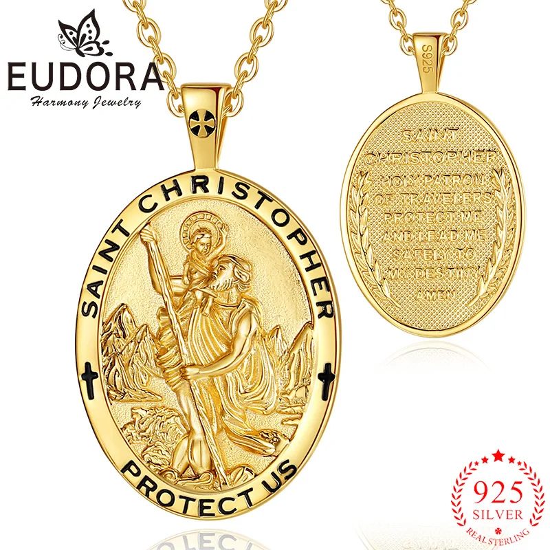 

Eudora 925 Sterling Silver Saint Christopher Necklace Catholic Amulet 18K Gold Cross Pendant Men Women Personality Jewelry Gift