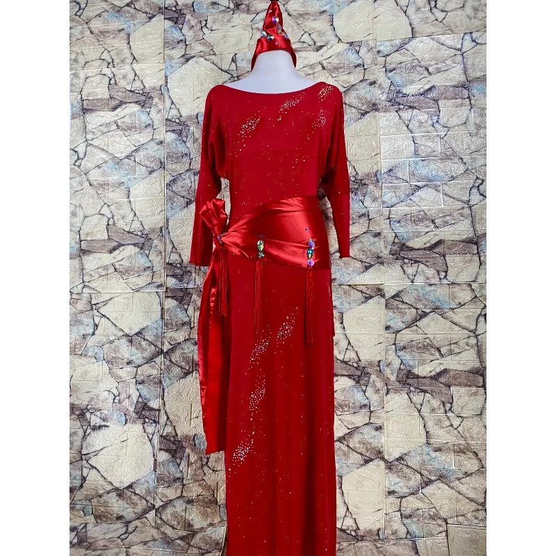 Customized Women 3pcs Belly Dance Costumes Practice Outfit Red Diamond Studded Shabbi Baladi Robe Headscarf Waist Belt