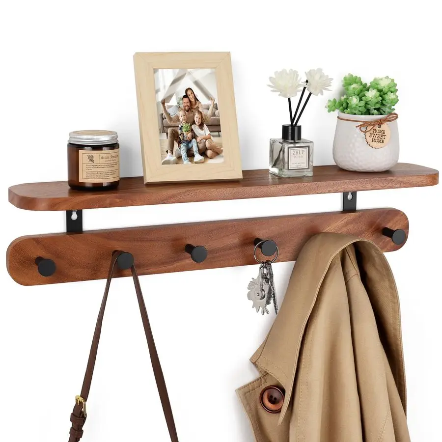

Настенная вешалка для одежды с полкой, 22-дюймовая настенная полка из орехового дерева с крючками, подвесная вешалка для прихожей с 6 металлическими крючками для одежды