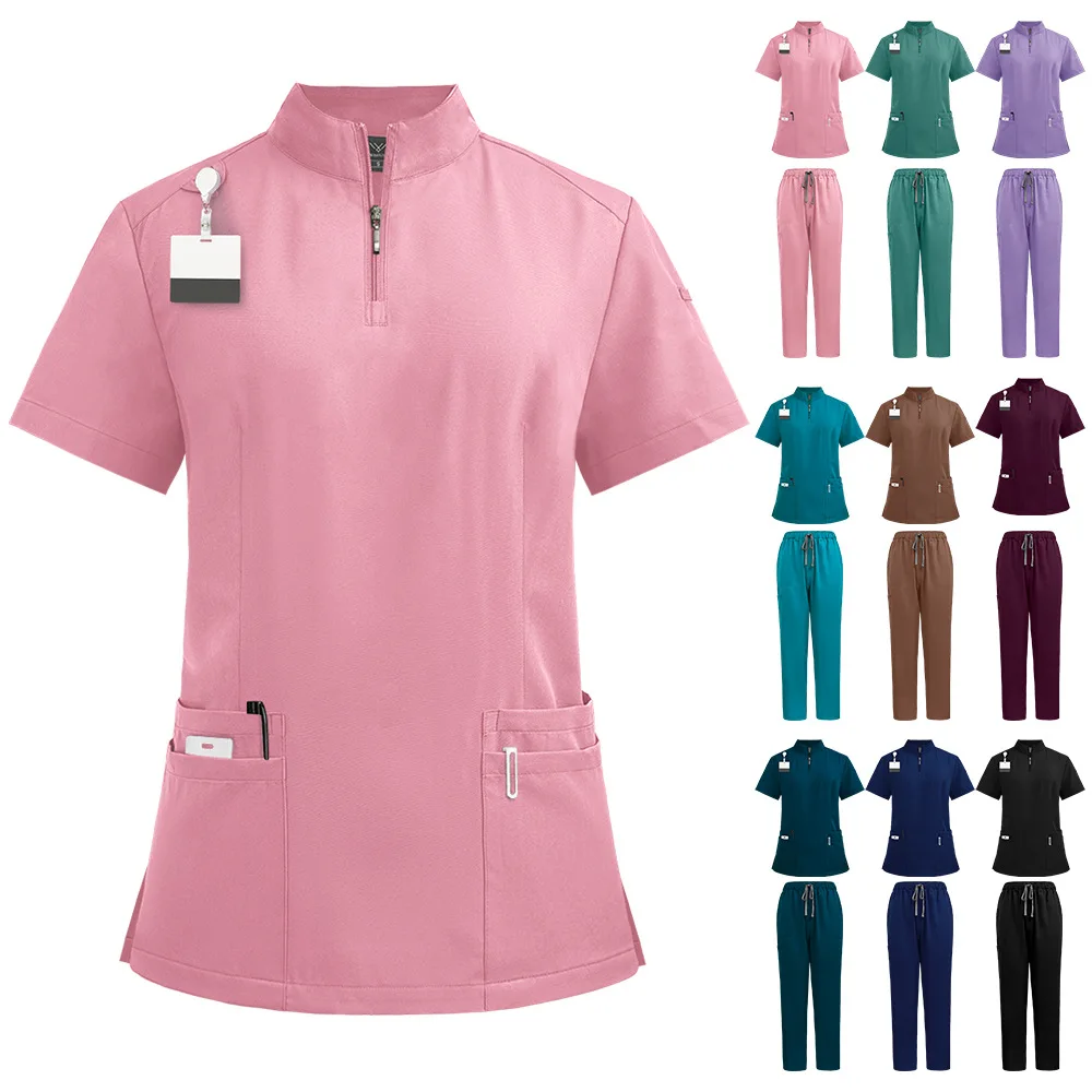 2024 New Unisex Medical Uniforms Zipper Neck Nurse Scurbs Set Women Hospital Doctor Workwear Oral Dental Surgery Workwear