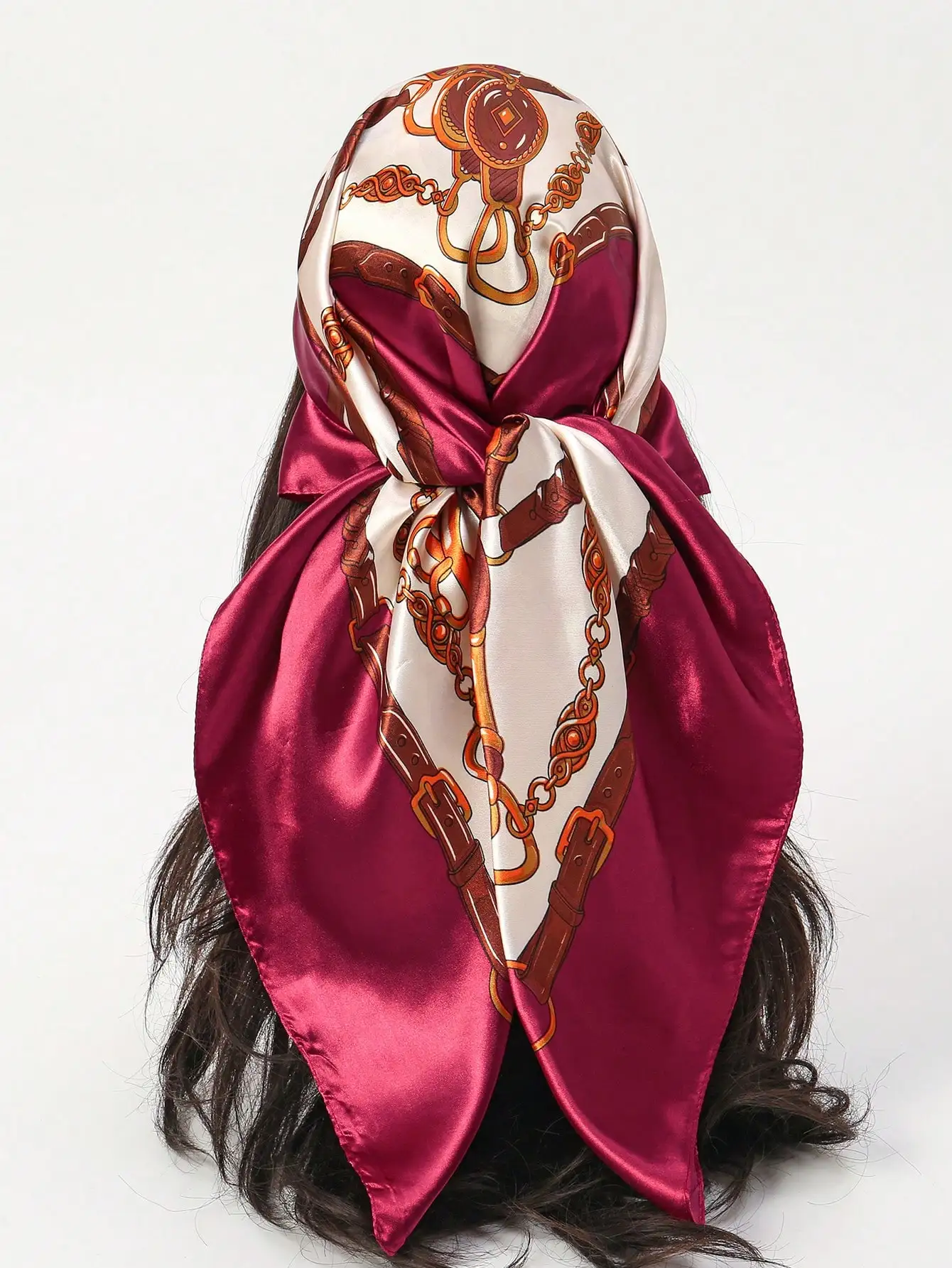 

Women Satin Scarf With Chain Print Bohemian Style Headscarf Shawl For Daily Use Sun Protection