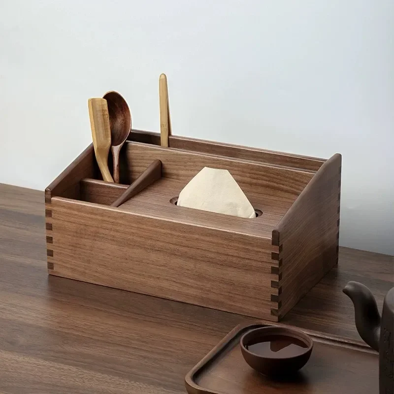 Black Walnut Solid Wood Tissue Box Holder for Living Room Bedroom Desktop Tea Table Multi Functional Grid Storage Organizer