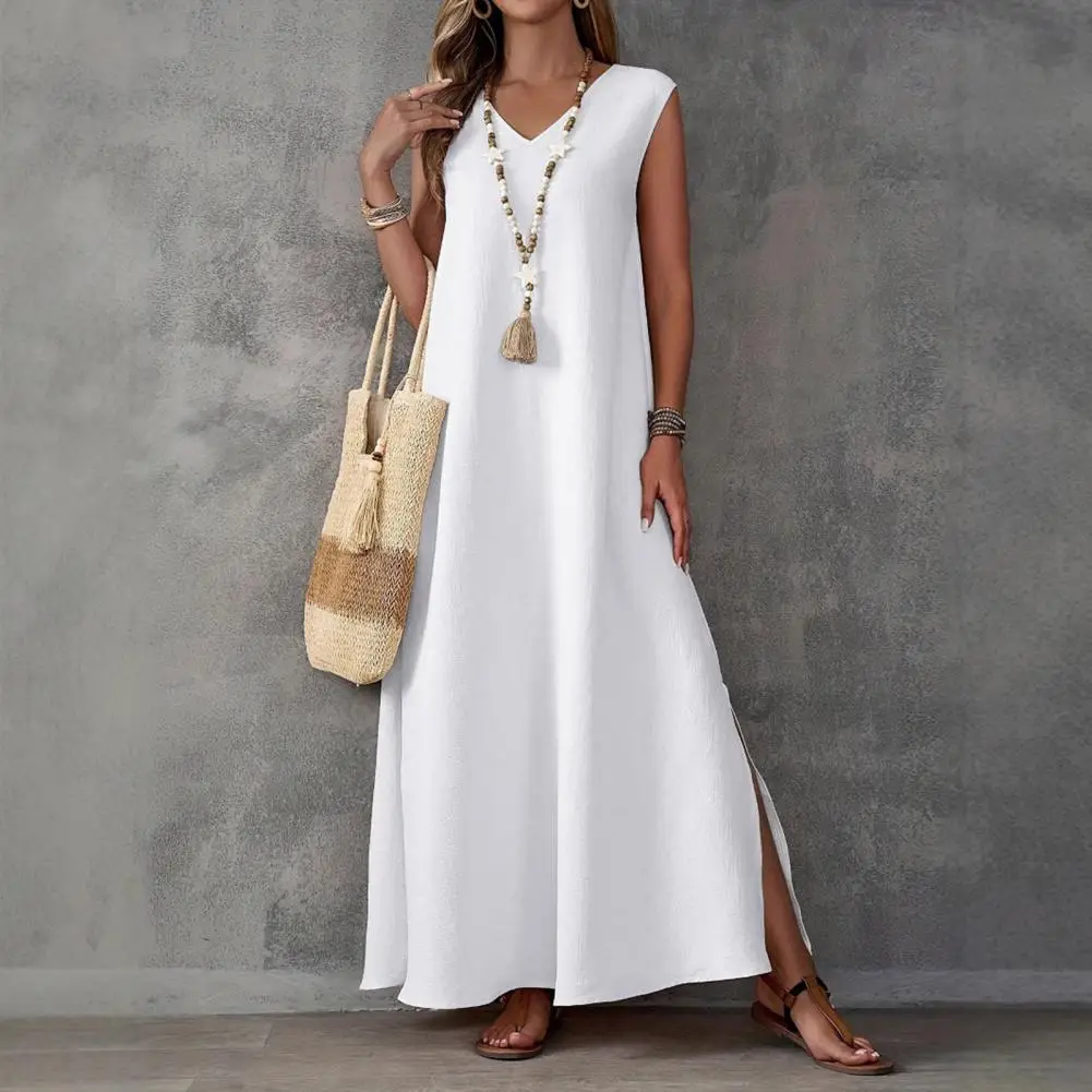 Casual Loose Cut Dress Boho Beach Vacation Maxi Dress Collection Women's Sleeveless V-neck Swing Dress Casual Solid for Summer