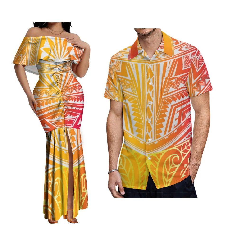 Yellow Floral Couple Set Women Off-The-Shoulder Slim-Fit Floor-Length Fishtail Dress Polynesian Island Samoan Men'S Aloha Shirt