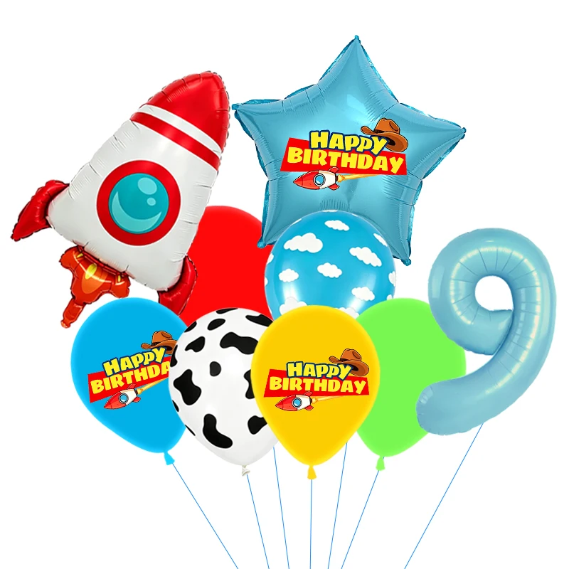 Rote, gelbe und grüne Spielzeugballons, hellblaue Ballons mit Wolken- und Kuhmuster für die Dekorationen zu Babystory- und Cowboy-Partys – Detail 28