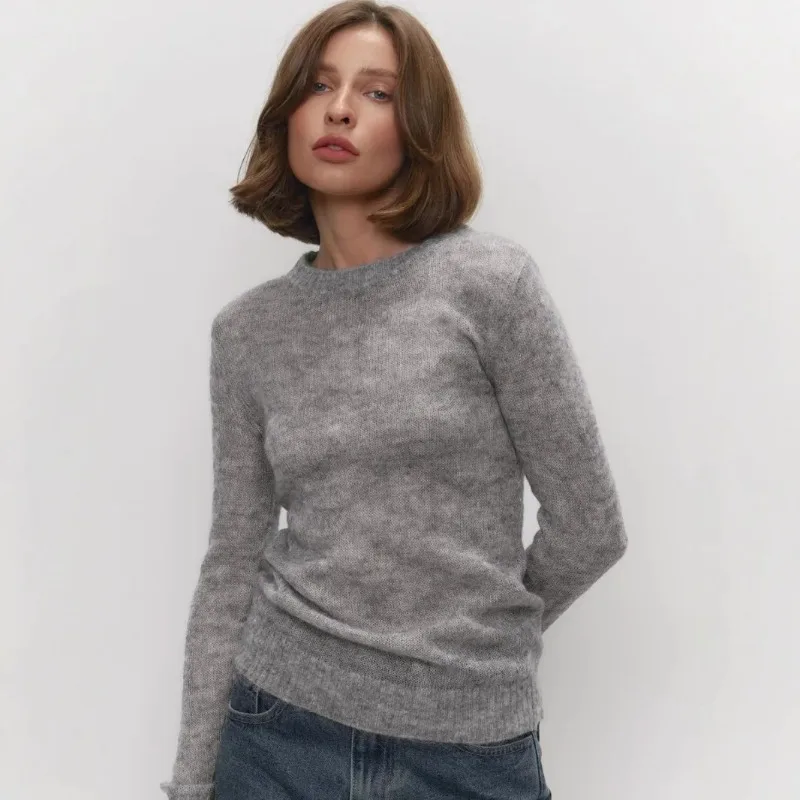 

2025 New Mohair Knit Sweater Women's Long Sleeves O-Neck Pullover Sweater Lady Loose See Through Top Solid Casual Summer Fashion