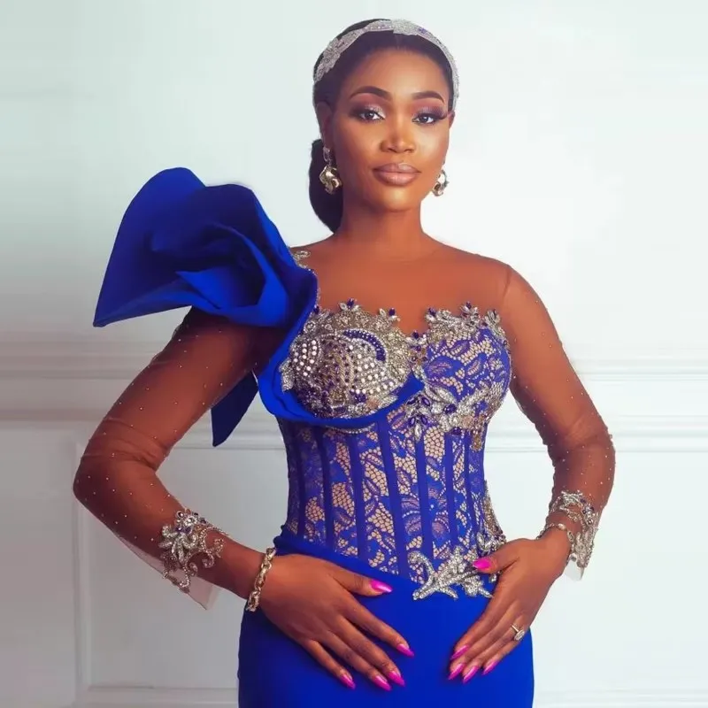 Luxury Prom Dress Applique Boning Trumpet Prom Dresses Mermaid Royal Blue Prom Gowns Illusions Sleeves See Through Custom Made