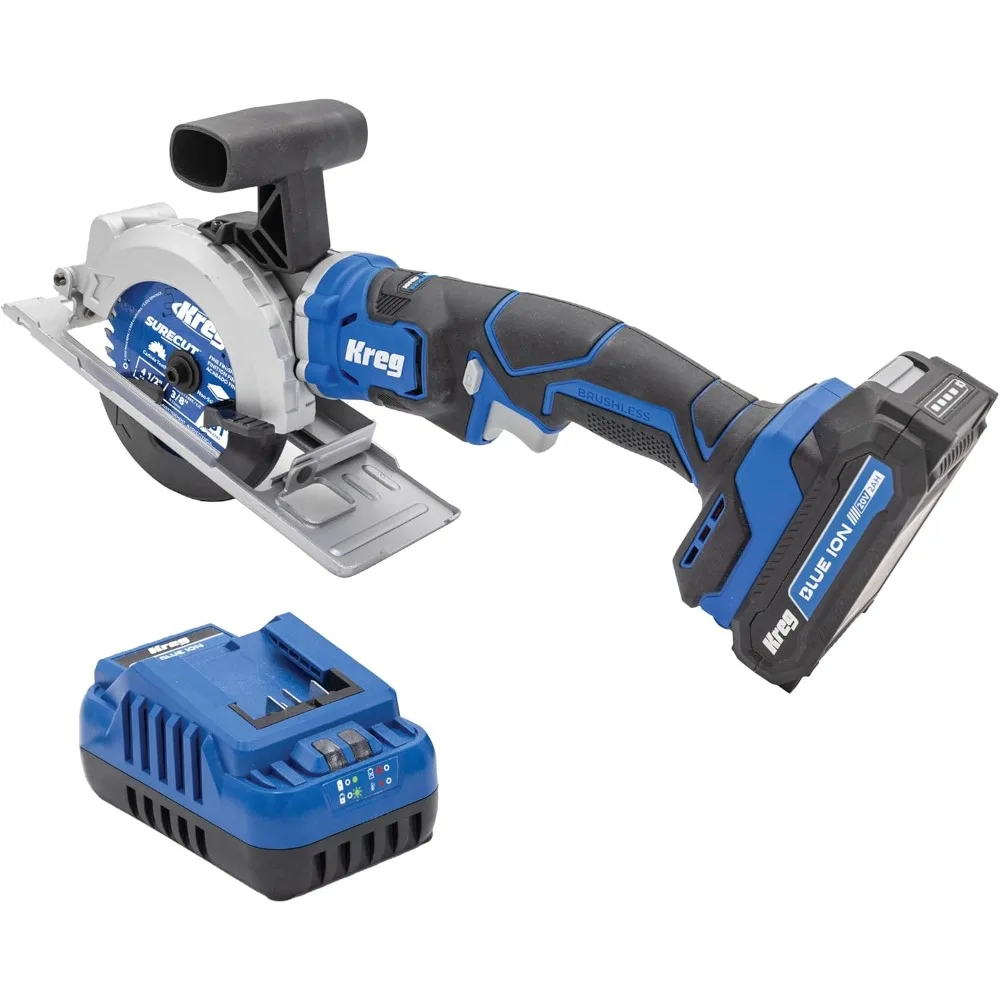 

Циркулярная пила с ионным приводом 20 В, 4 1/2, зарядное устройство с синими ионами 20 В и аккумулятор с синими ионами емкостью 4 Ач — мощный бесщеточный двигатель и встроенный